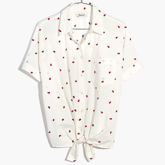 Madewell Tops - Madewell Embroidered Short-Sleeve Tie-Front Shirt Strawberry Print Size M
